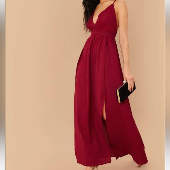 Red Crisscross Back Split Thigh Maxi Dress - Picture 4 of 9
